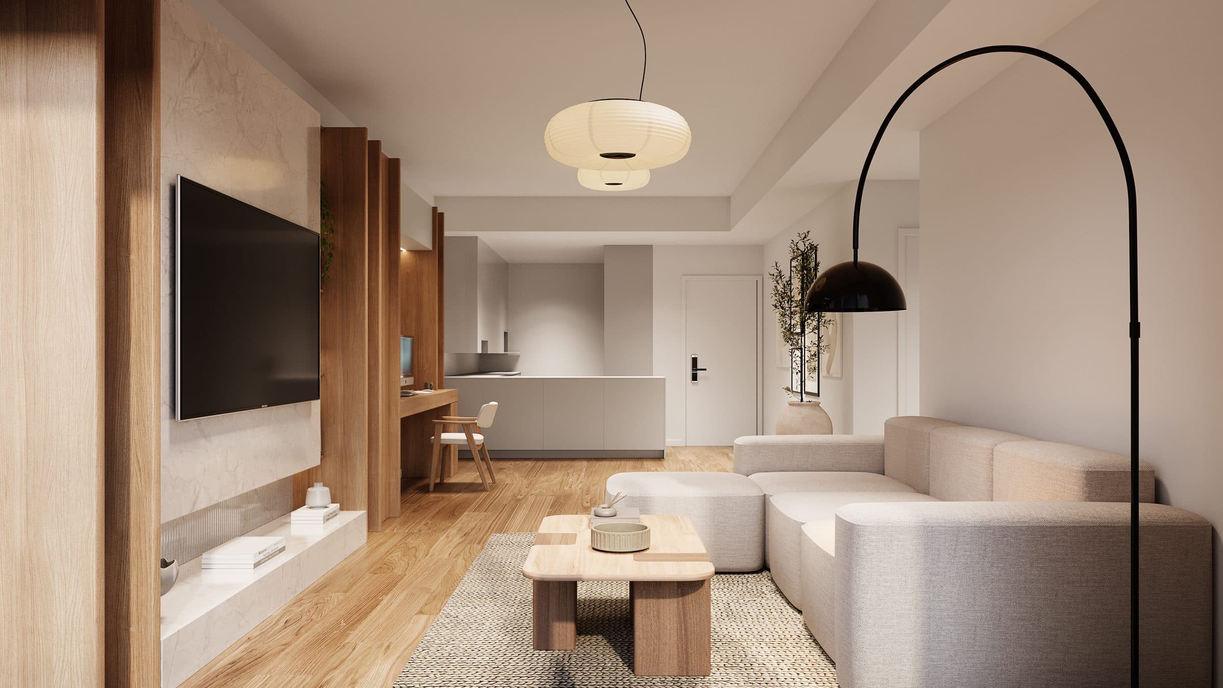 Living con rack a medida y biblioteca lateral