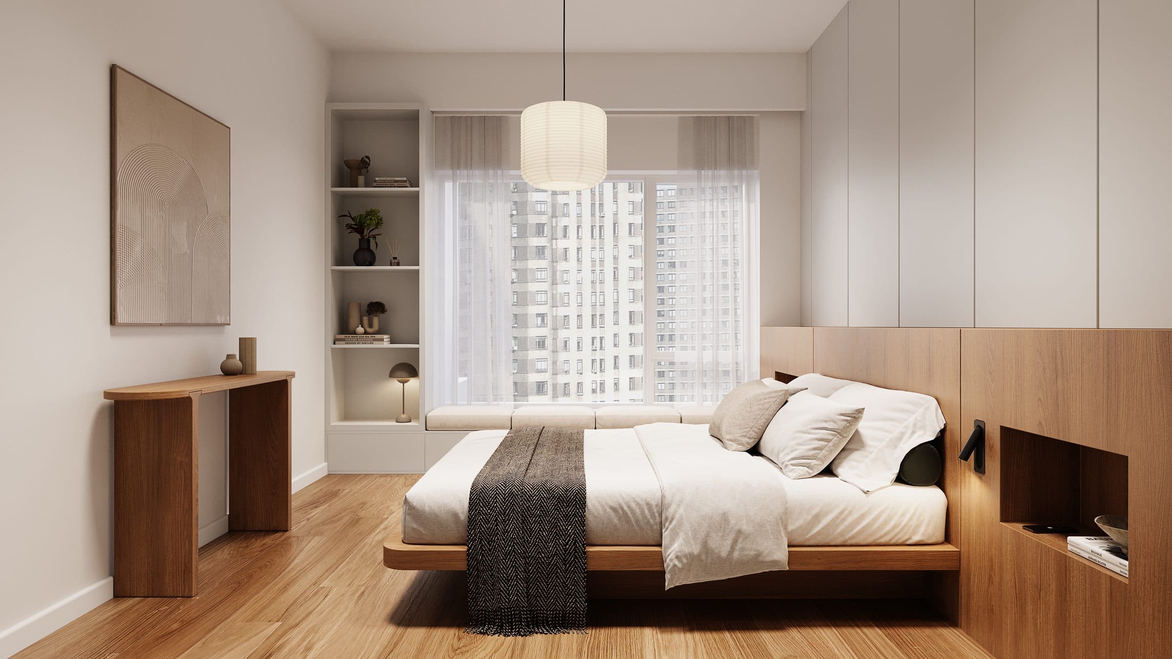 Dormitorio con respaldo de madera, nichos y mesas de luz suspendidas