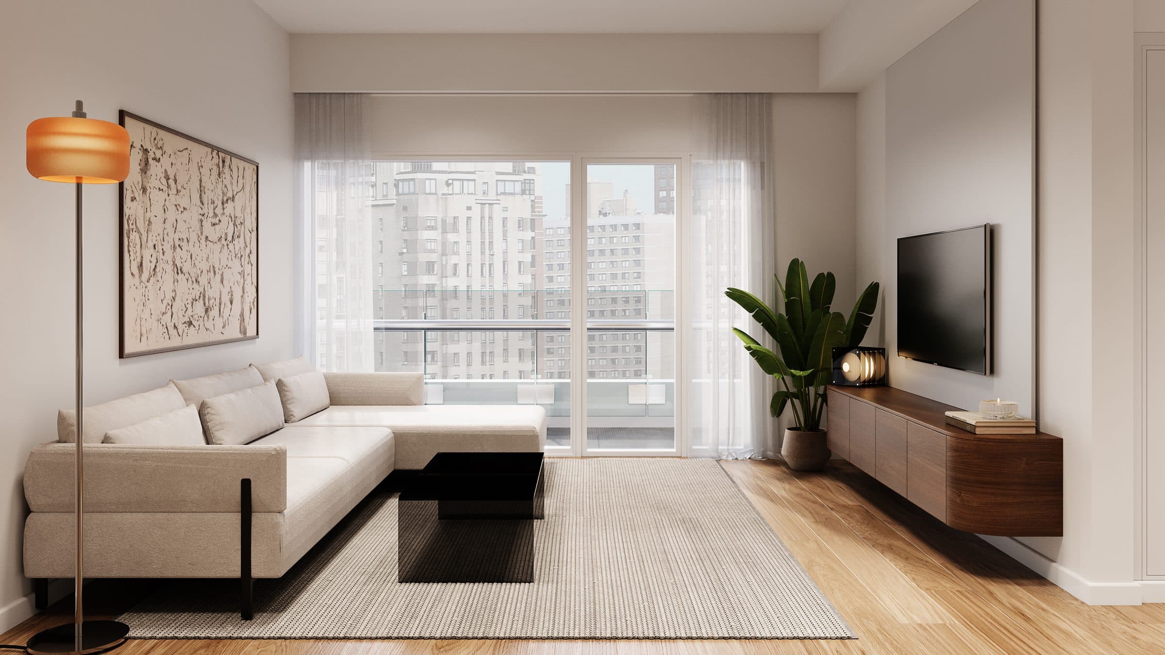 Living con sofá en L y mueble bajo suspendido