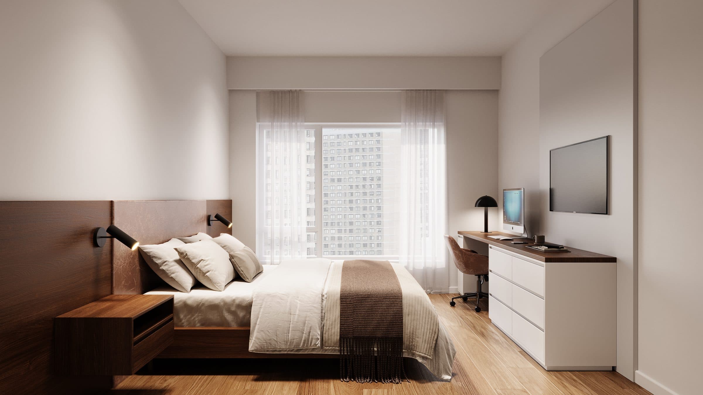 Dormitorio con respaldo de madera