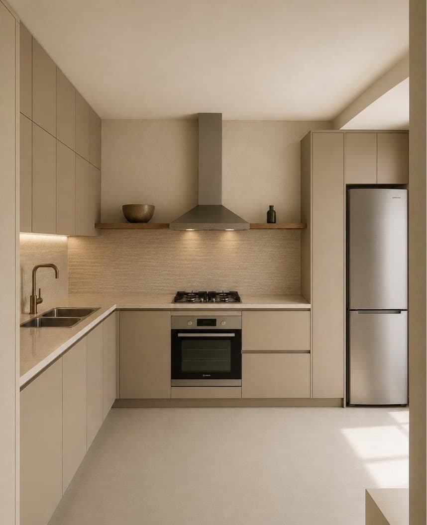 Cocina en tonos claros con columna de hornos